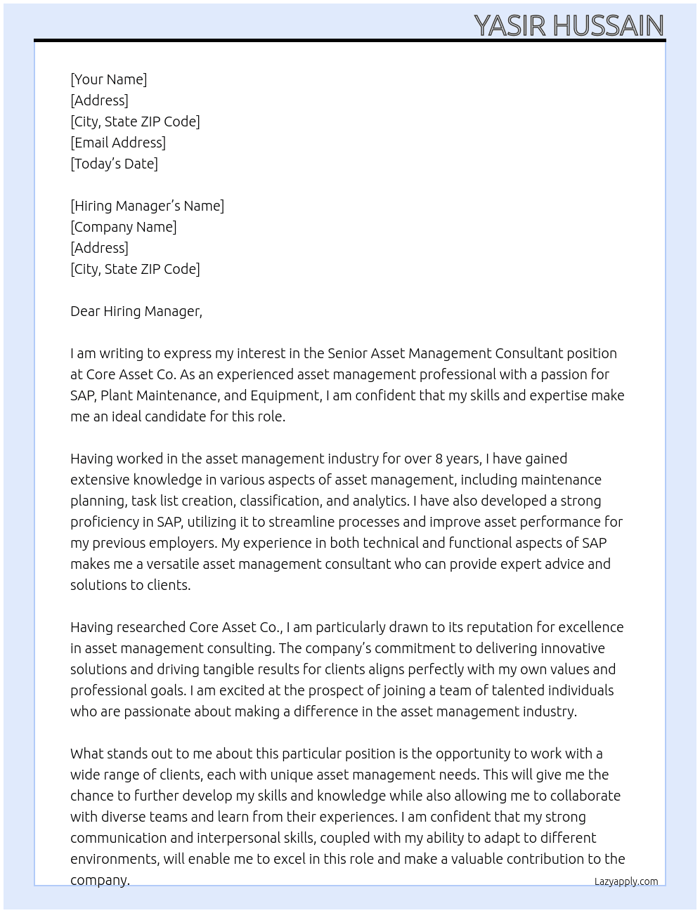 Senior Asset Managment Consultant At Core Asset Co. Cover Letter