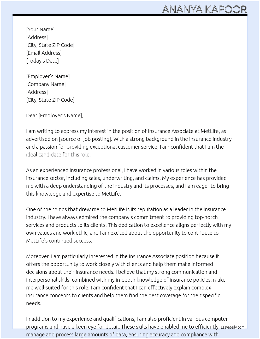INSURANCE Associate At MetLife Cover Letter