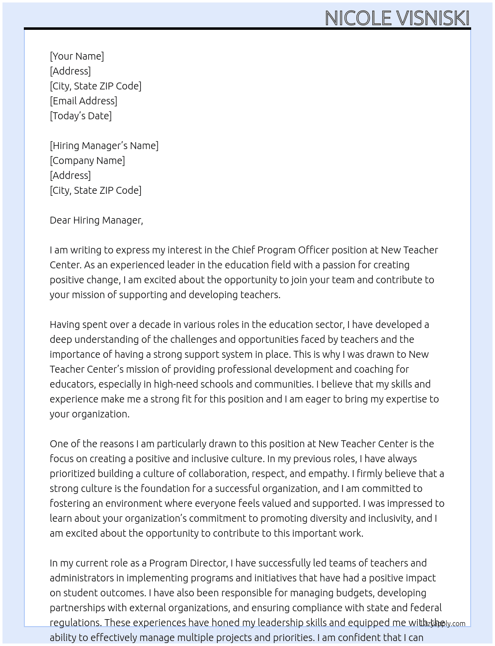 Cheif Program Officer At New Teacher Center Cover Letter