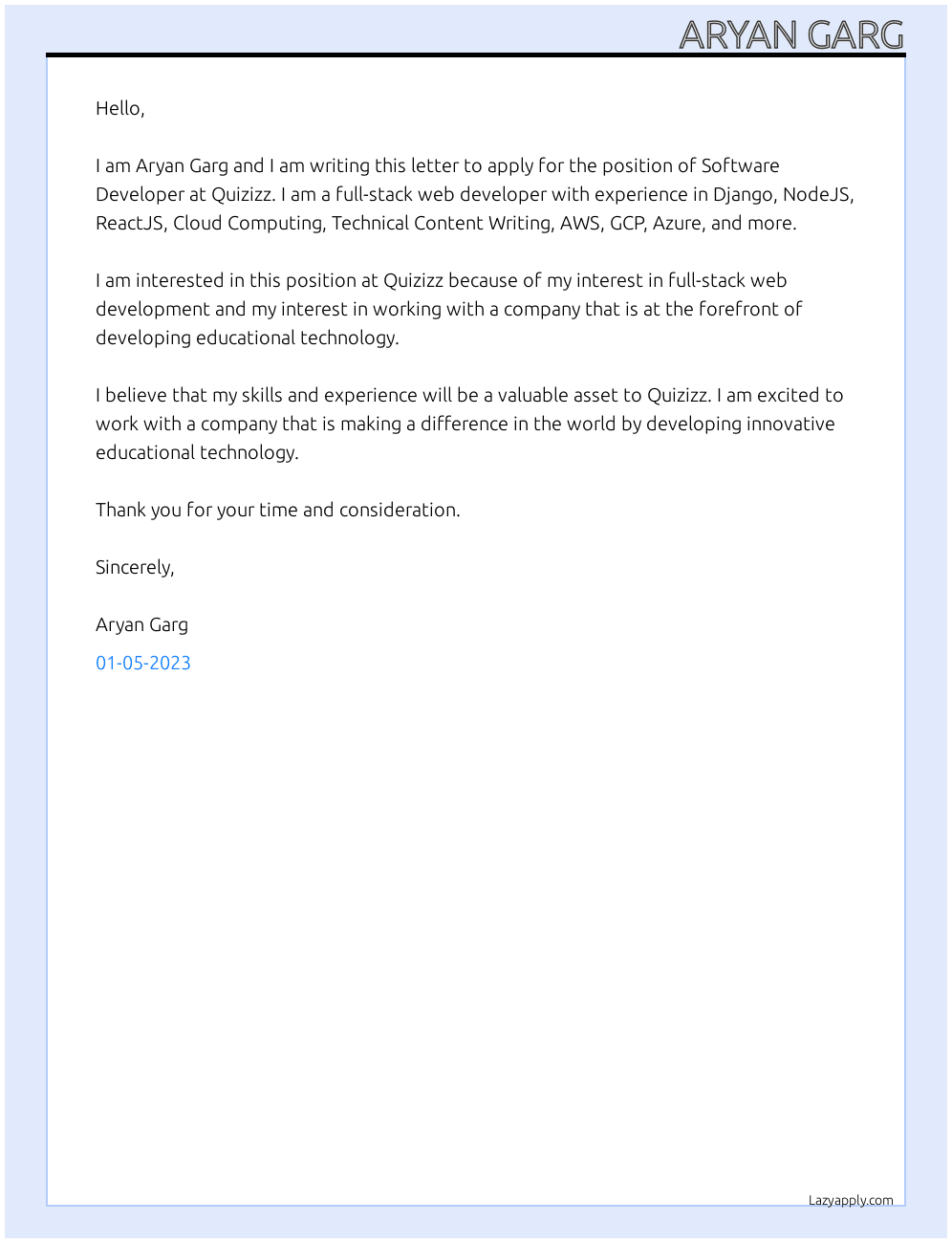 Software Developer At Quizizz Cover Letter