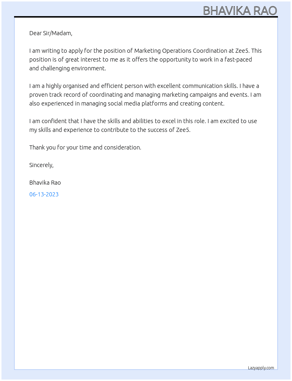 Marketing Operations Coordination At Zee5 Cover Letter