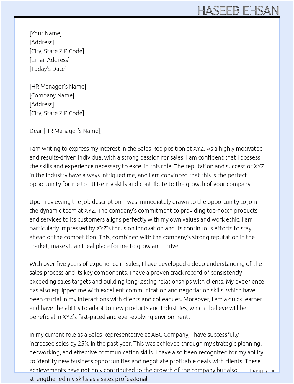 Sales Rep At XYZ Cover Letter