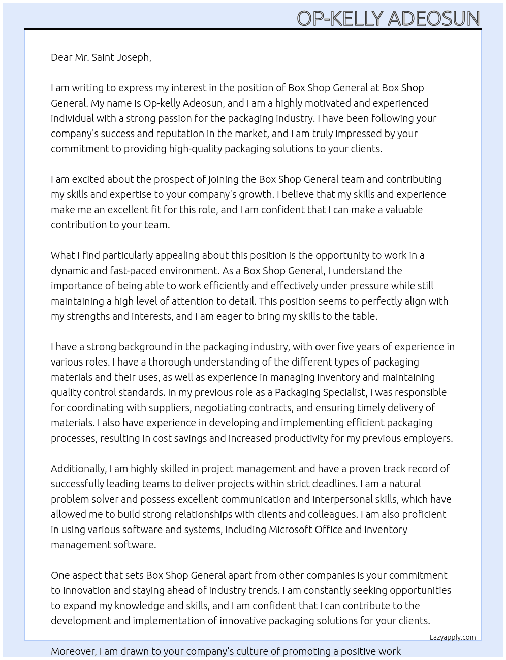Box Shop General At Box Shop General Cover Letter