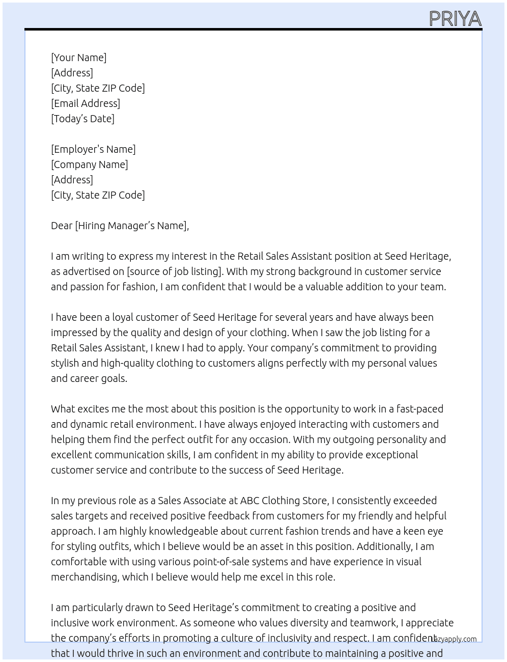 retail sales assistant  At seed heritage ( clothing store ) Cover Letter