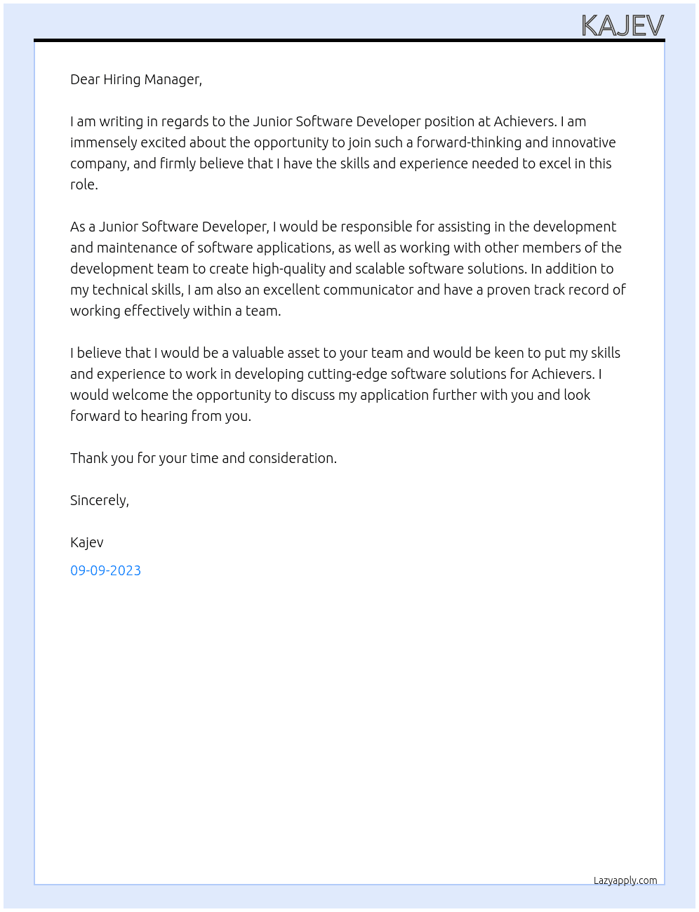 Junior softwre developer At Achievers Cover Letter