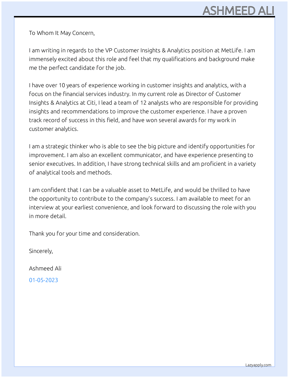 Cover letter for vp customer insights & analytics - LazyApply