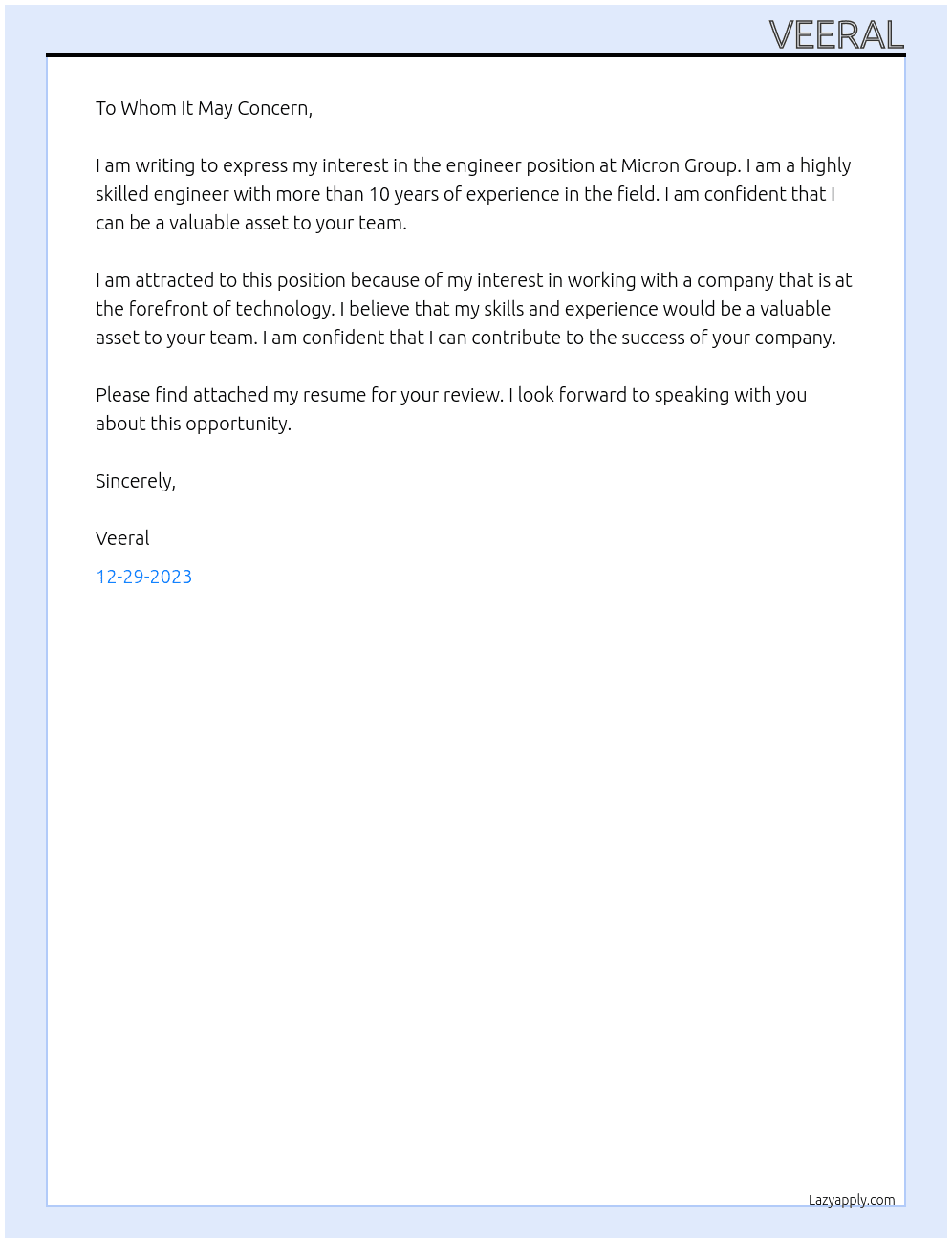 engineer At Micron Group Cover Letter