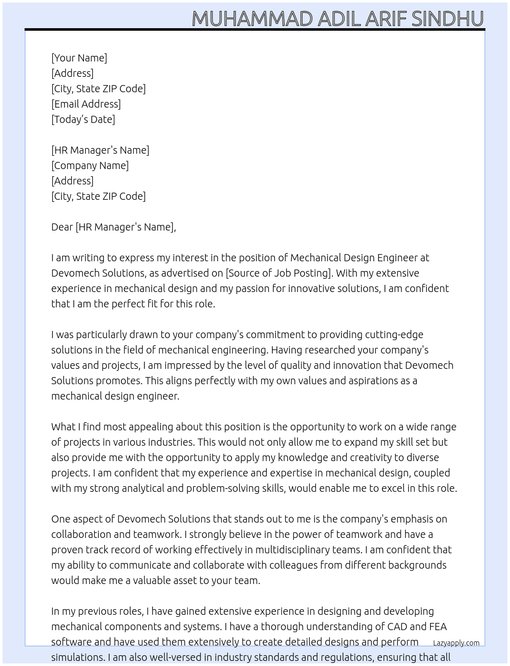 Mechanical Design Engineer At Devomech Solutions  Cover Letter