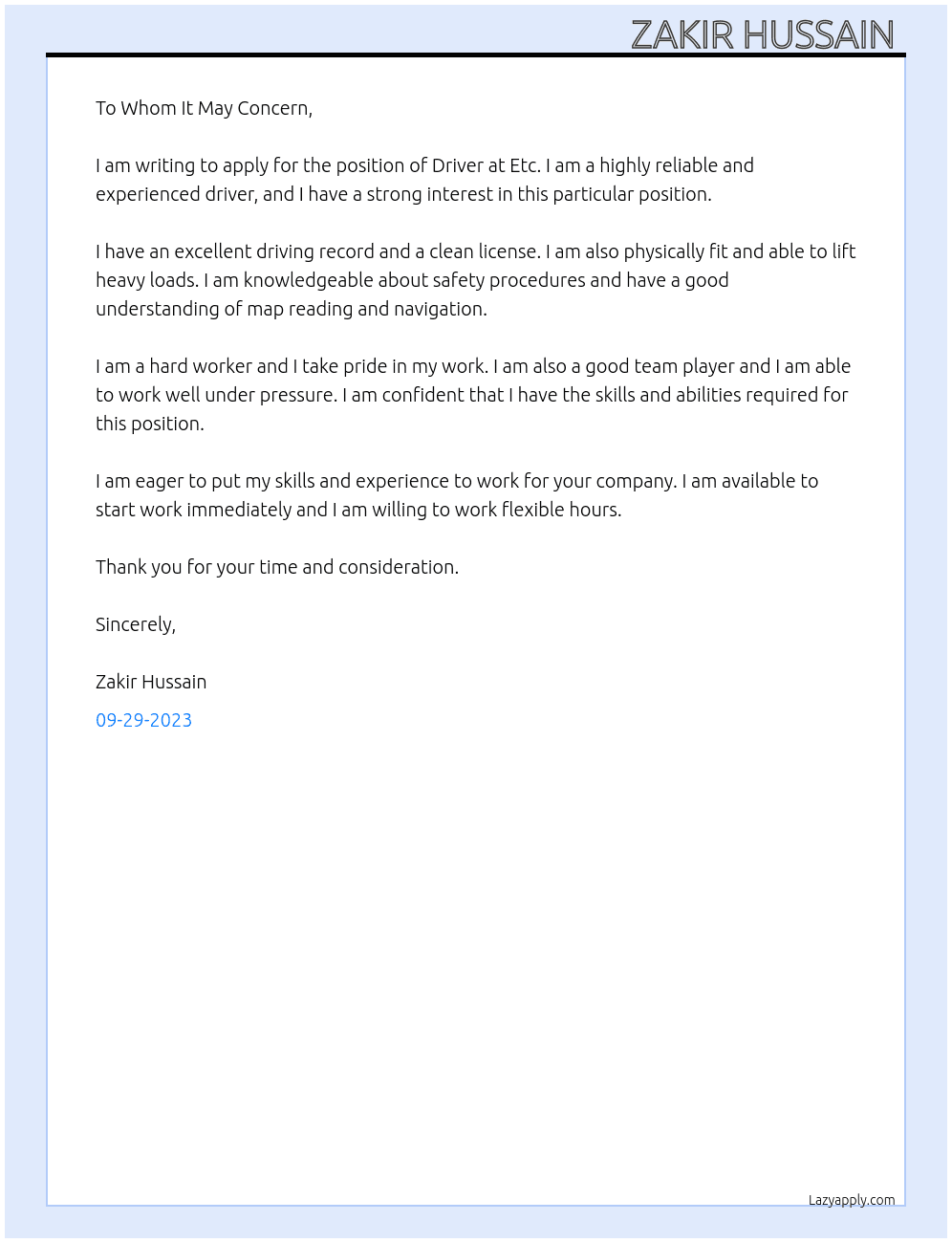 Driver  At Etc Cover Letter
