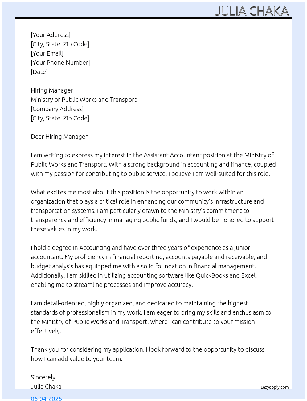 Assistant Accountant  At Ministry of Public works and Transport  Cover Letter