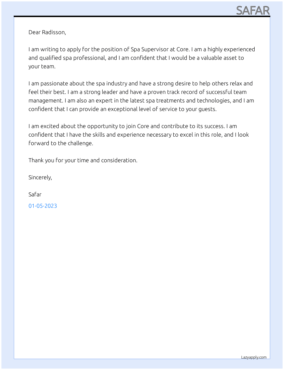 Spa sepervisor At Core Cover Letter