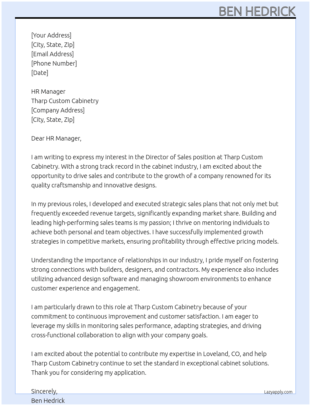 Director of Sales At Tharp Custom Cabinetry  Cover Letter