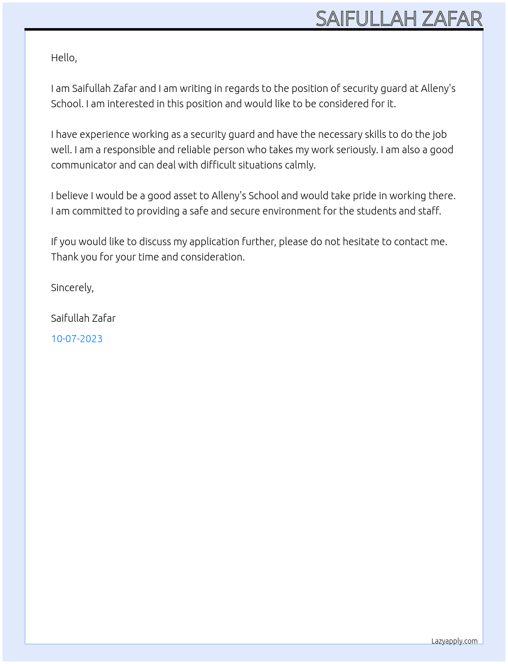 security guard At Alleny's School Cover Letter
