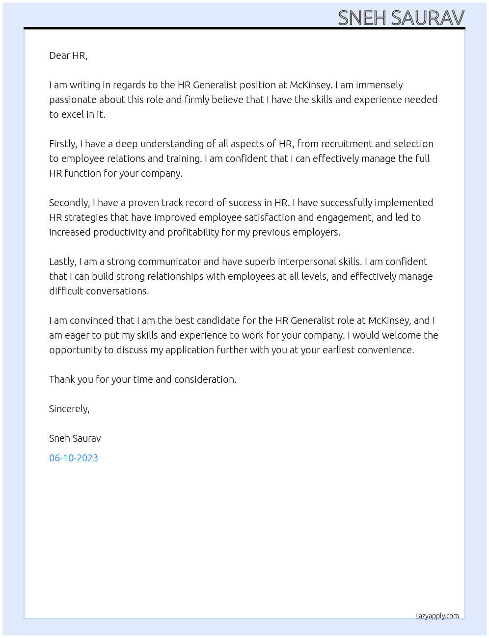  HR Generalist At McKinsey  Cover Letter