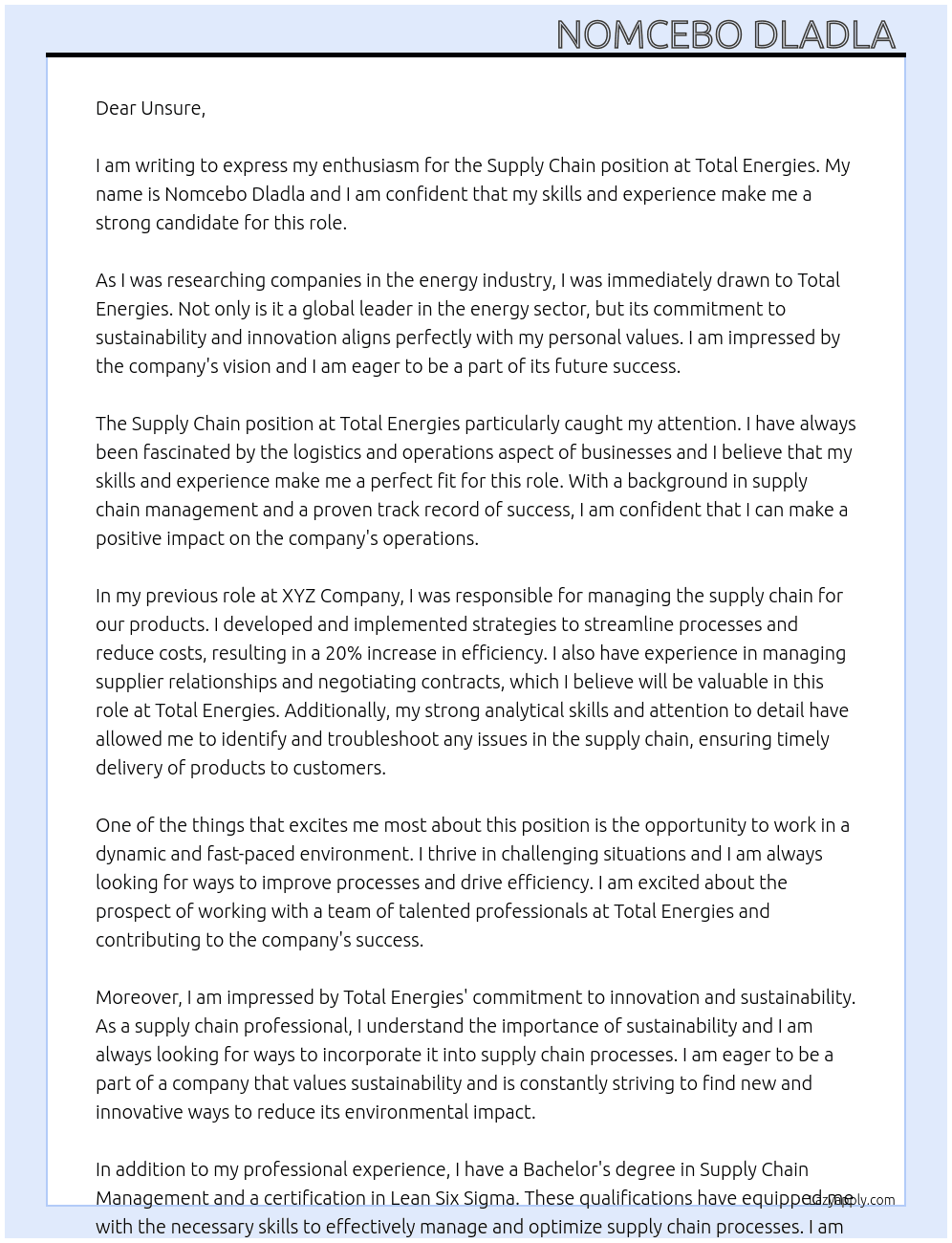 Supply Chain  At Total Energies  Cover Letter