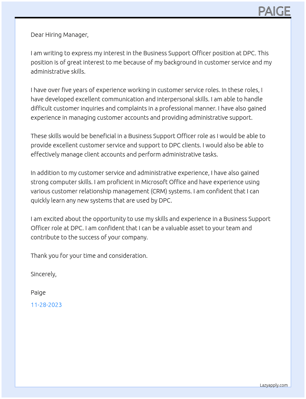 Business Support Officer At DPC Cover Letter