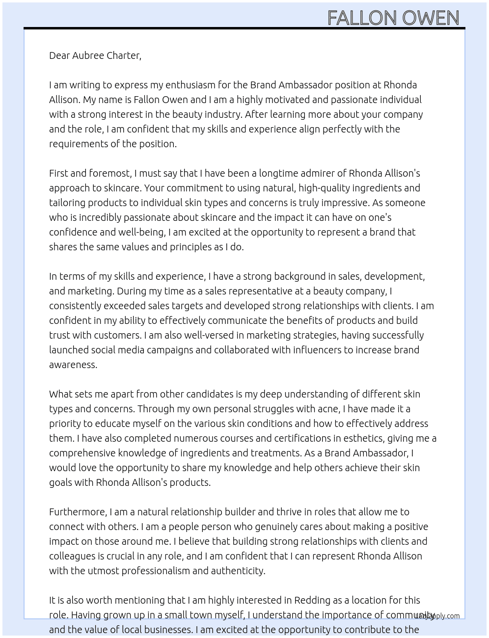 Brand ambassador  At Rhonda Allison Cover Letter