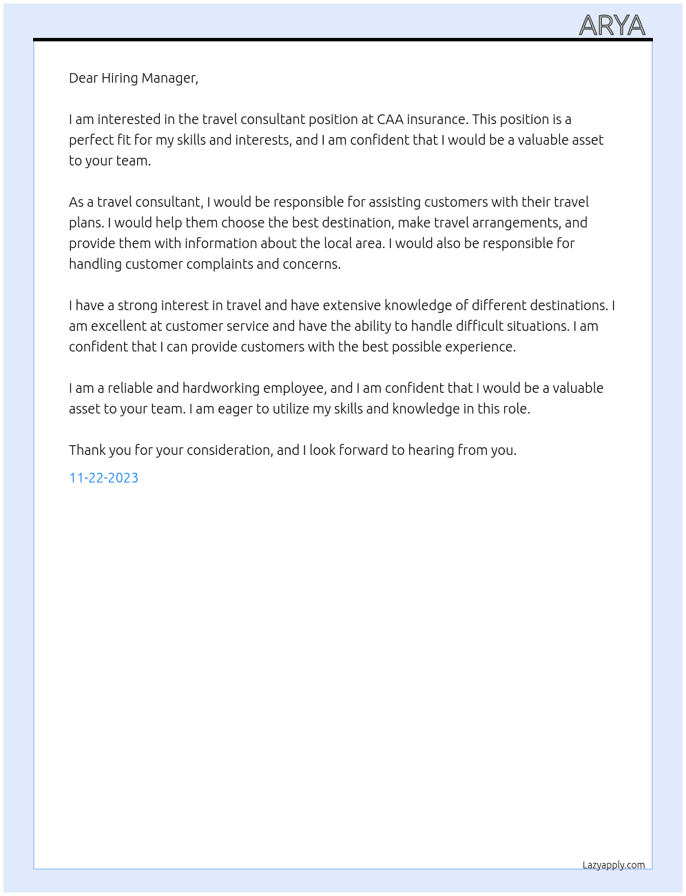Travel consultant At CAA insurance Cover Letter