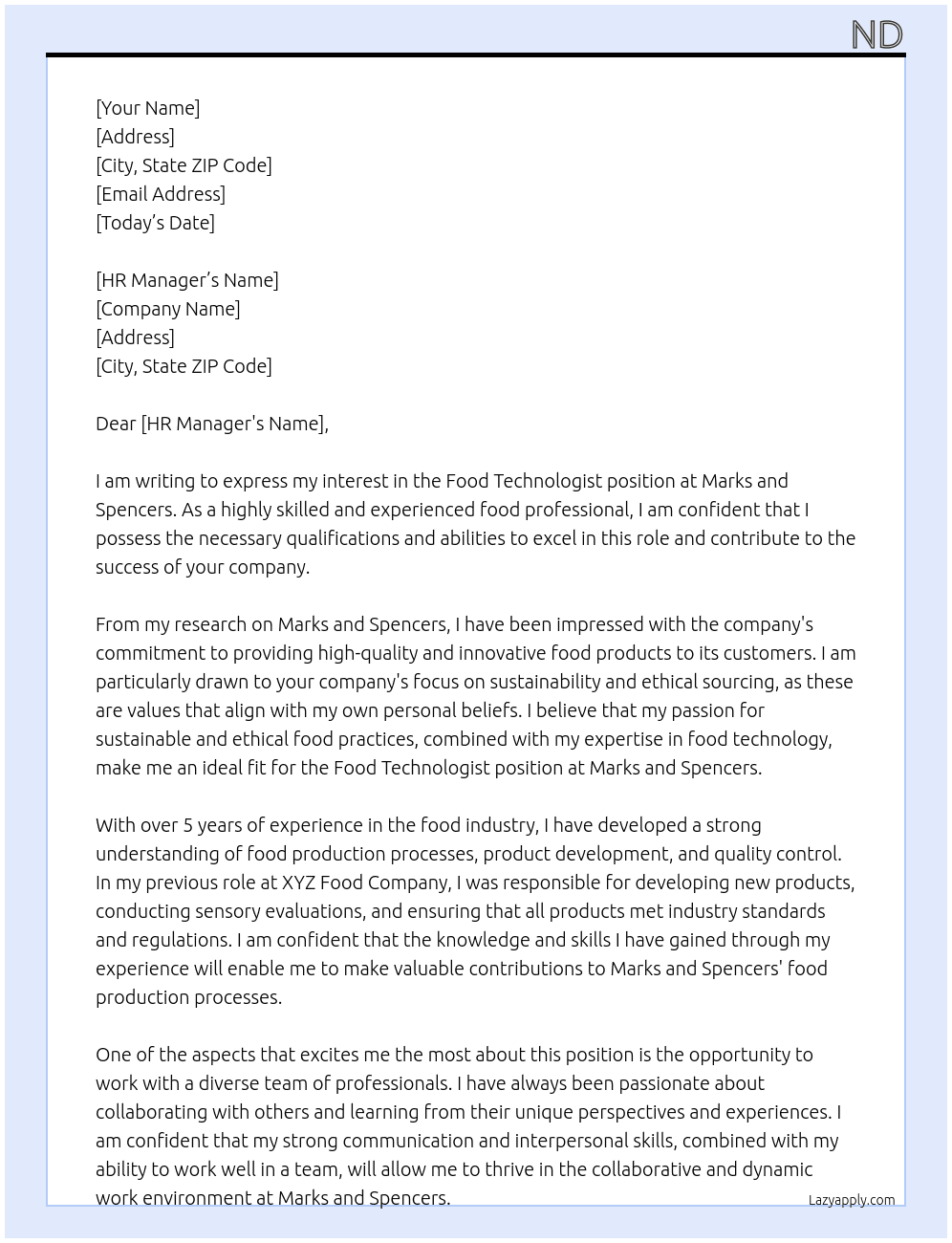 Food technologist At Marks and Spencers Cover Letter