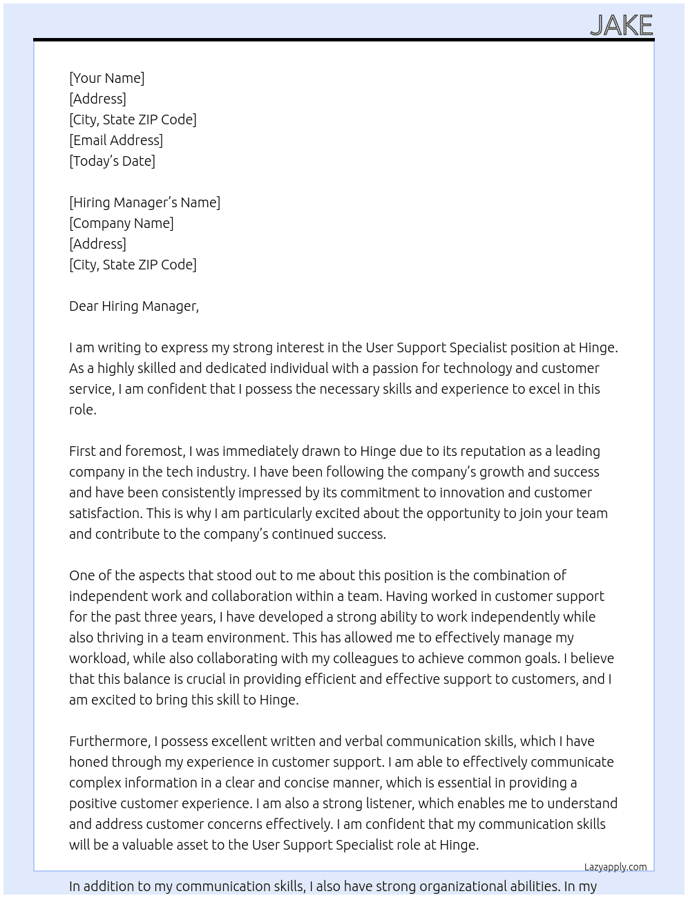 User Support Specialist At Hinge Cover Letter