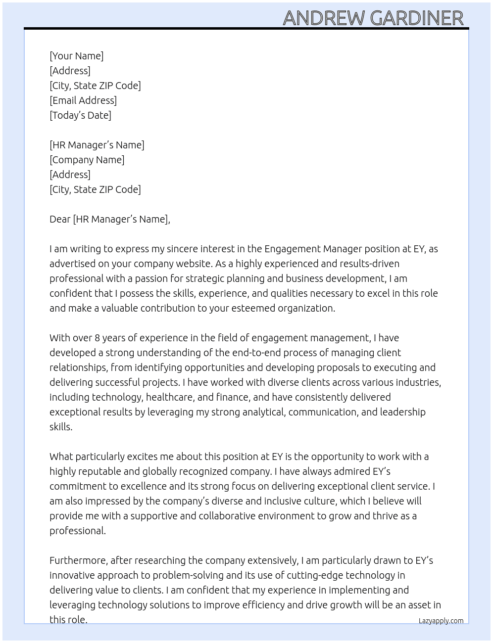 Engagement Manager At EY Cover Letter