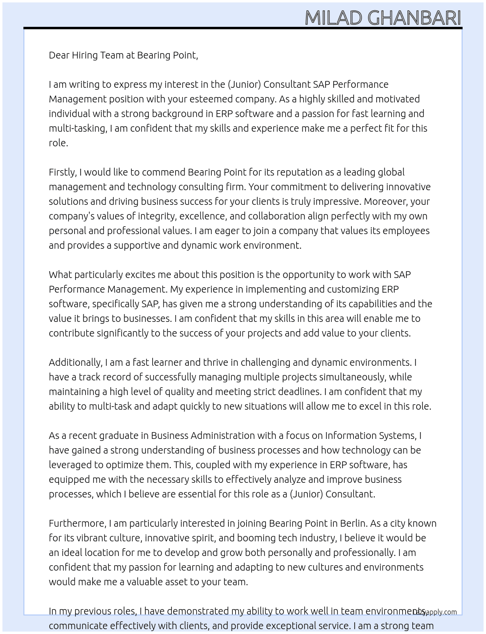 (Junior) Consultant SAP Performance Management At Bearing Point Cover Letter