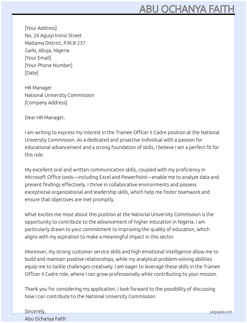 Trainee officer II Cadre At National University Commission  Cover Letter