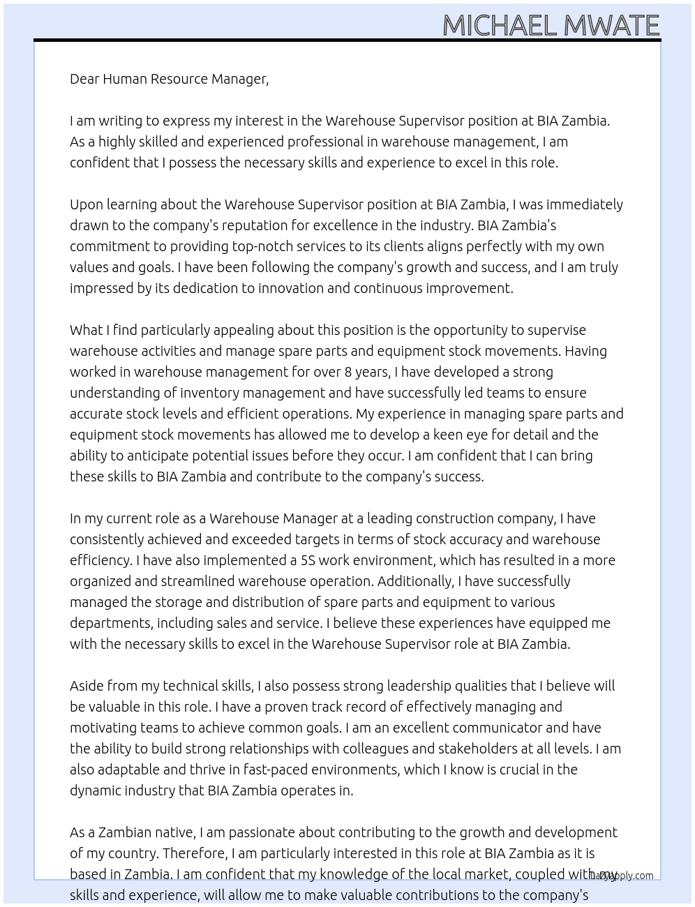 Warehouse Supervisor At BIA Zambia Cover Letter