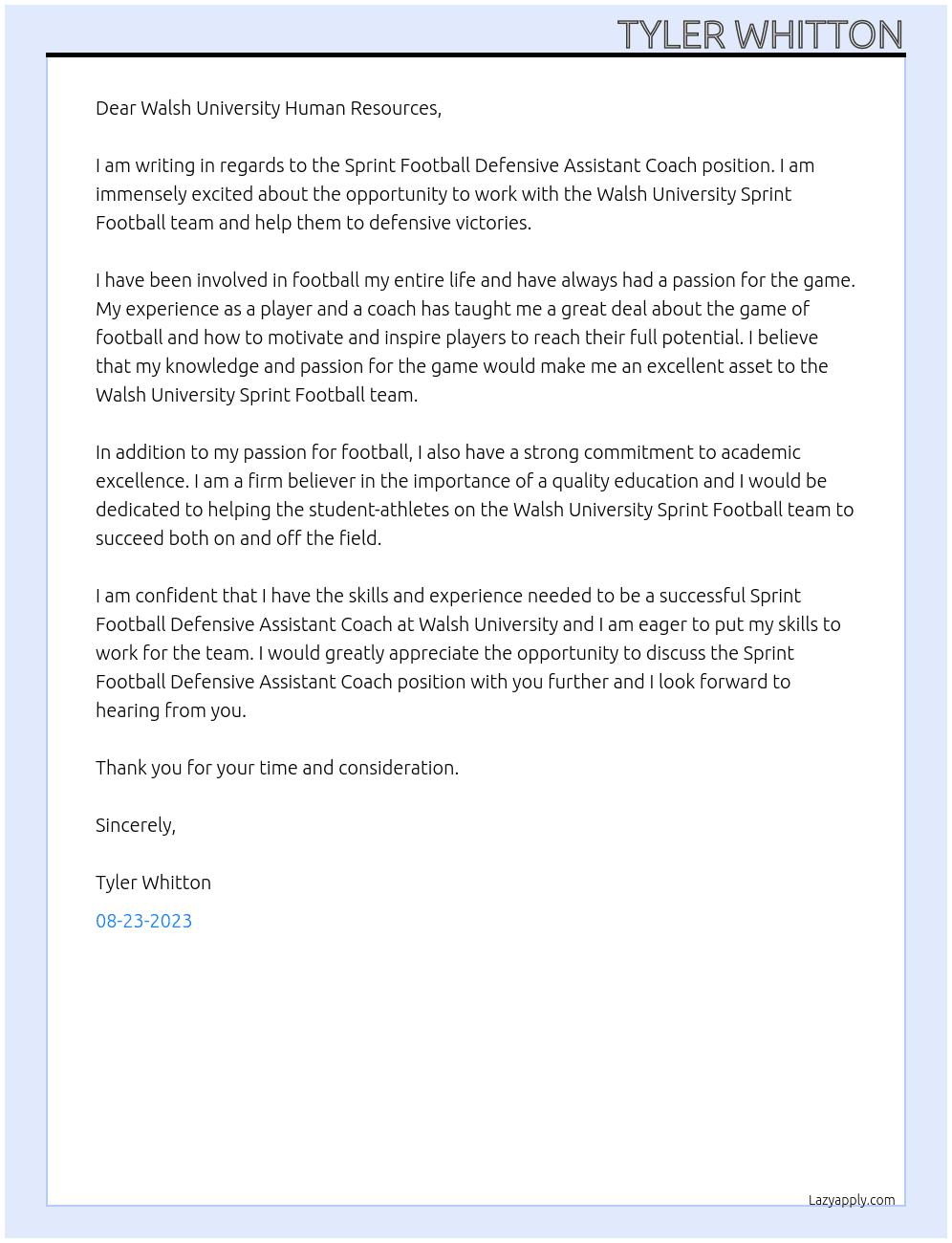Sprint Football Defensive Assistant Coach At Walsh University Cover Letter