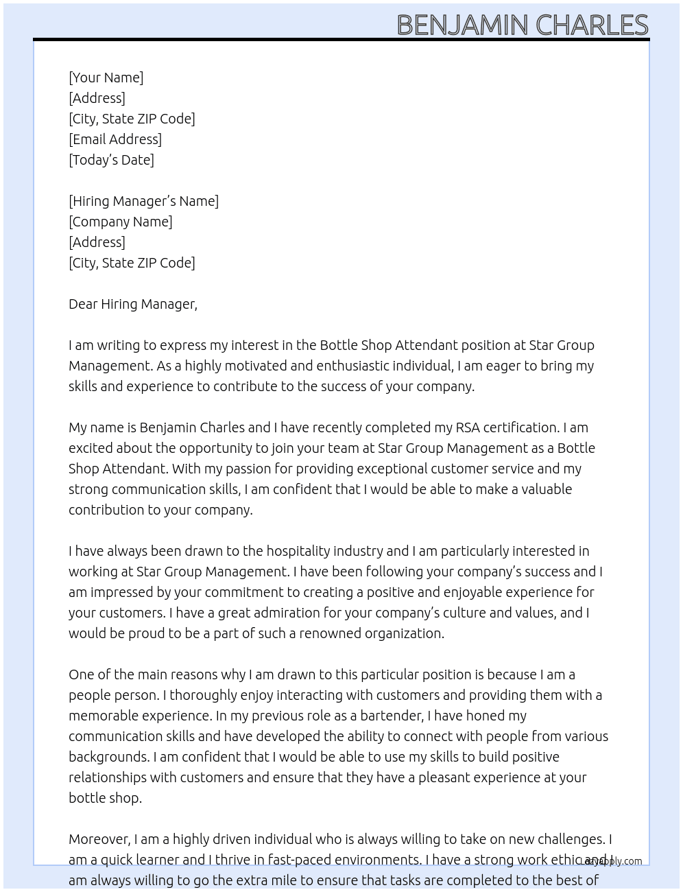 Bottle Shop Attendants At Star Group Management Cover Letter