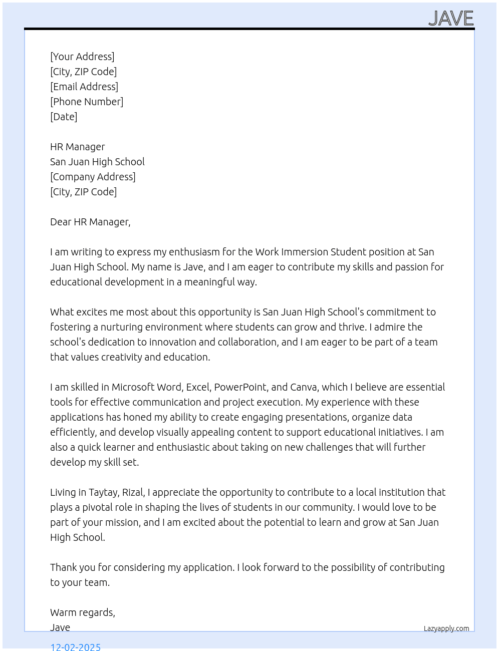 Cover letter for work immersion student education - LazyApply