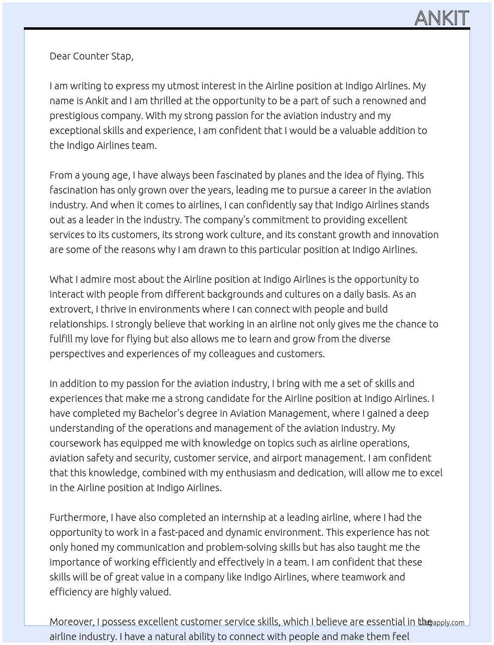 Air lines  At indigo airlines  Cover Letter