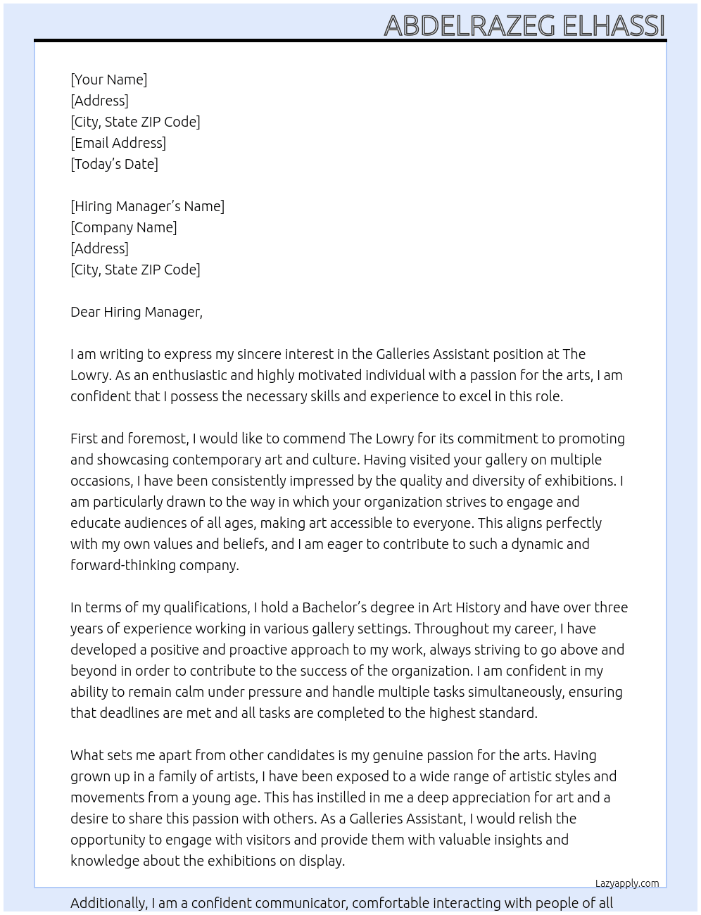 Galleries Assistants At The lowry  Cover Letter