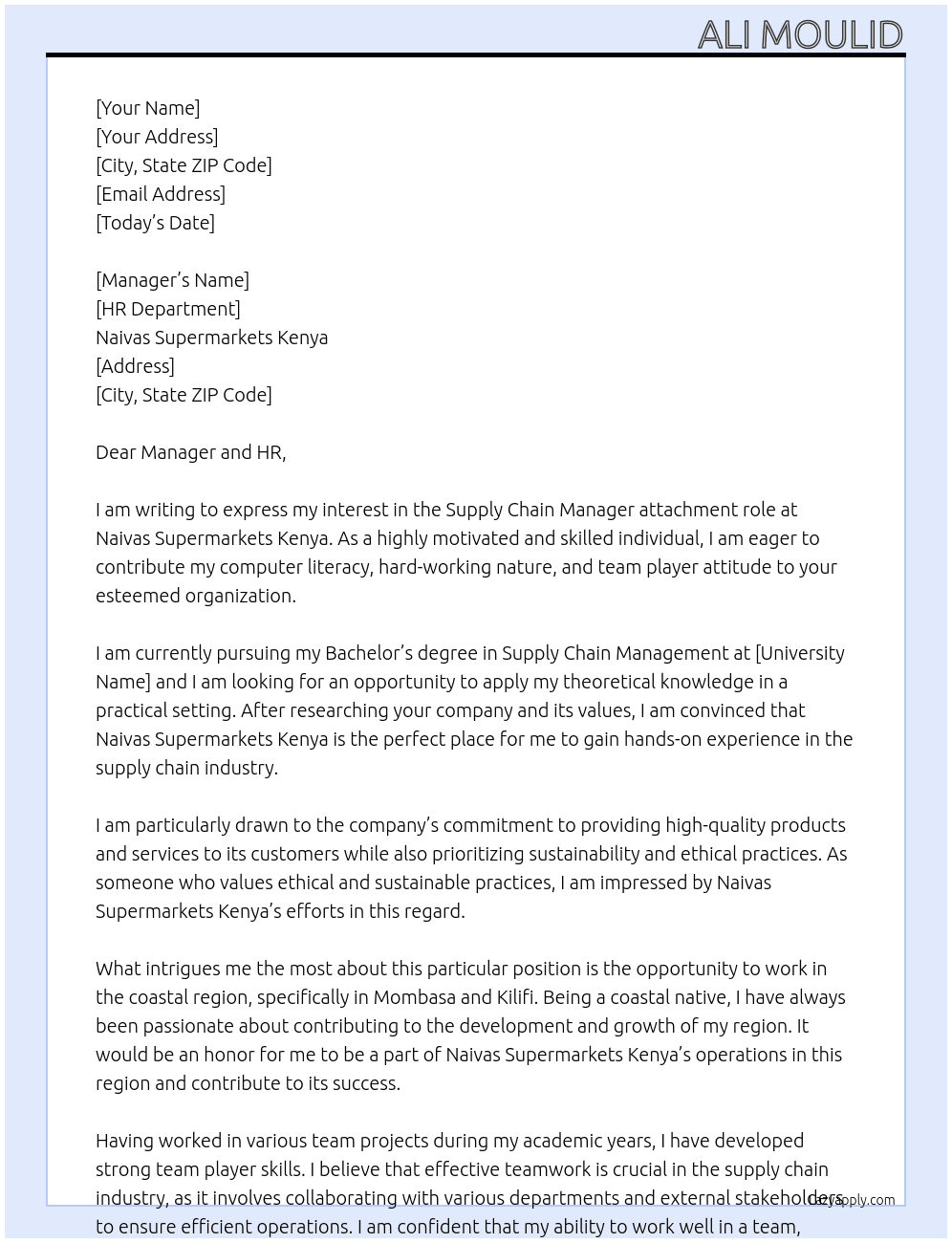 Supply chain manager attachment At Naivas supermakets kenya Cover Letter