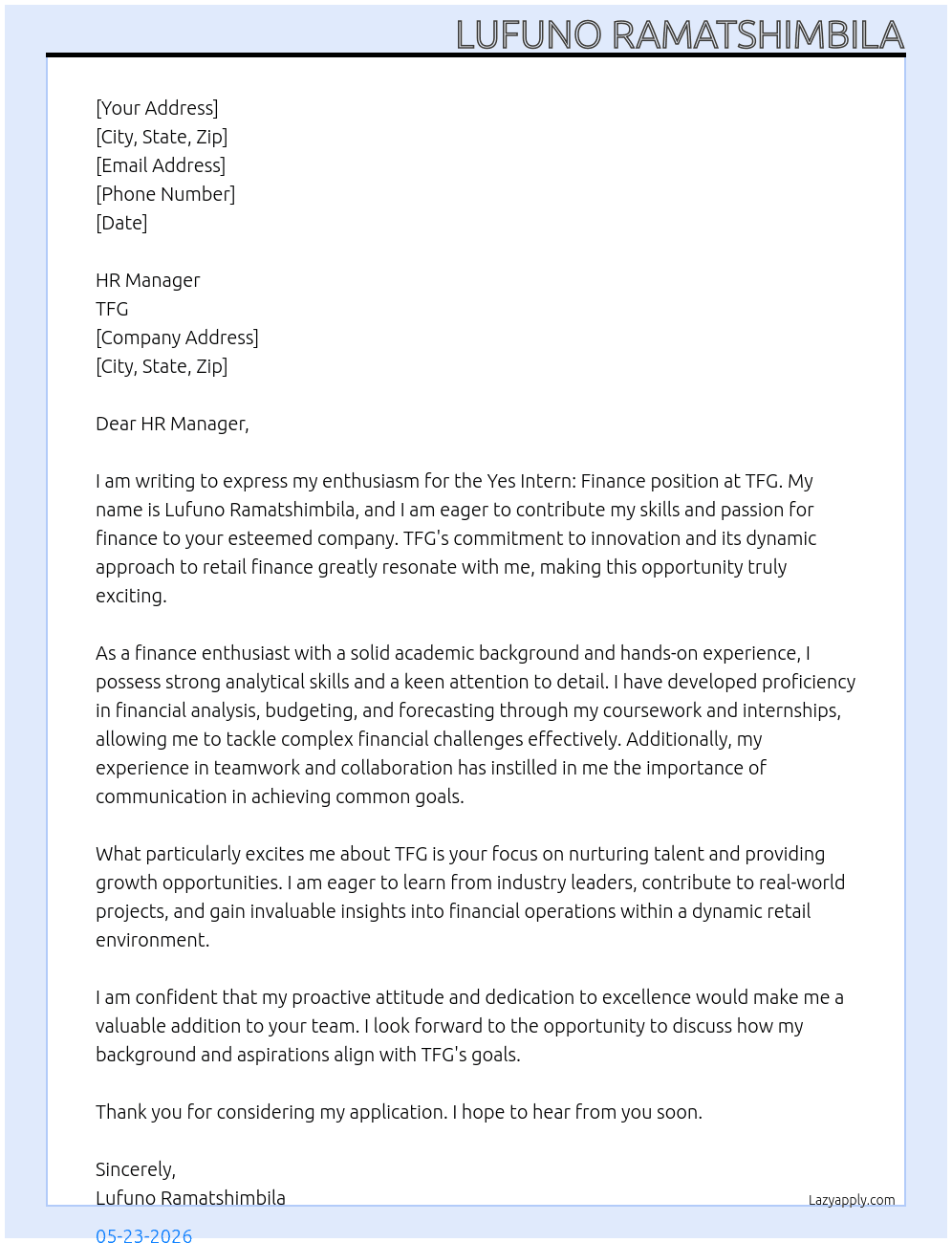 Yes Intern: Finance At TFG Cover Letter