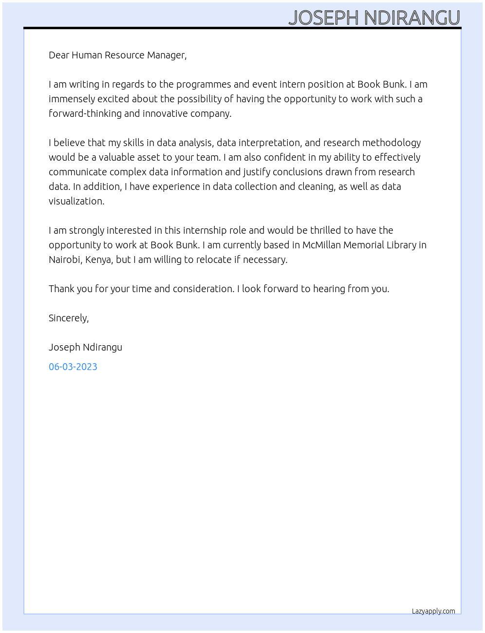 programmes and event intern At Book bunk Cover Letter