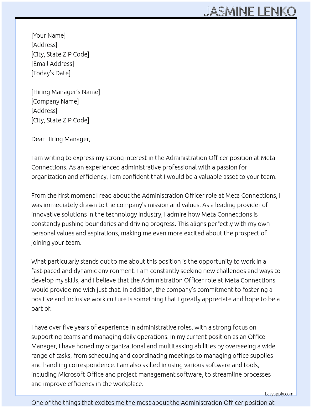 Administration Officer At Meta Connections  Cover Letter