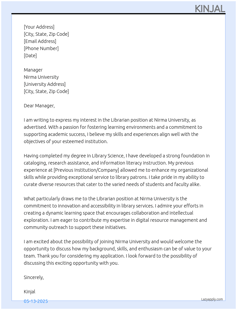 Librarian At Nirma University Cover Letter