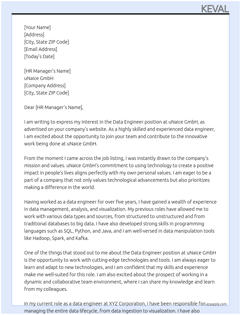 Data Engineer At uNaice GmbH Cover Letter