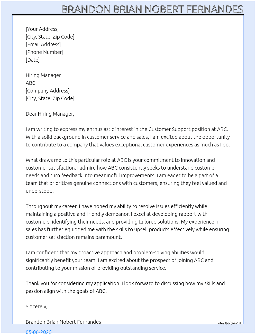 Customer Support At ABC Cover Letter