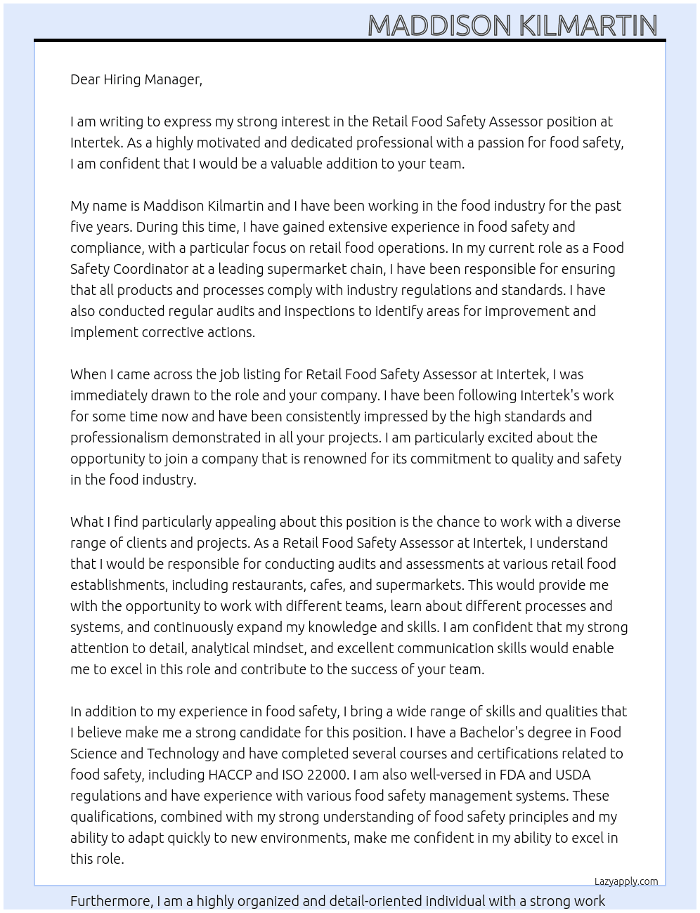 Retail Food Safety Assesor  At Intertek  Cover Letter