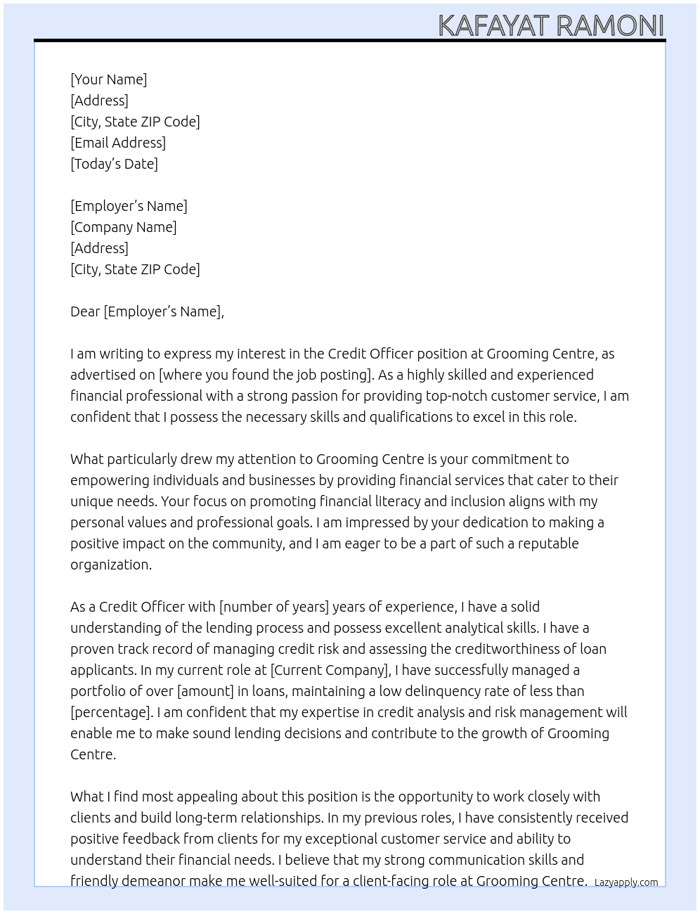Credit Officer At Grooming Centre Cover Letter