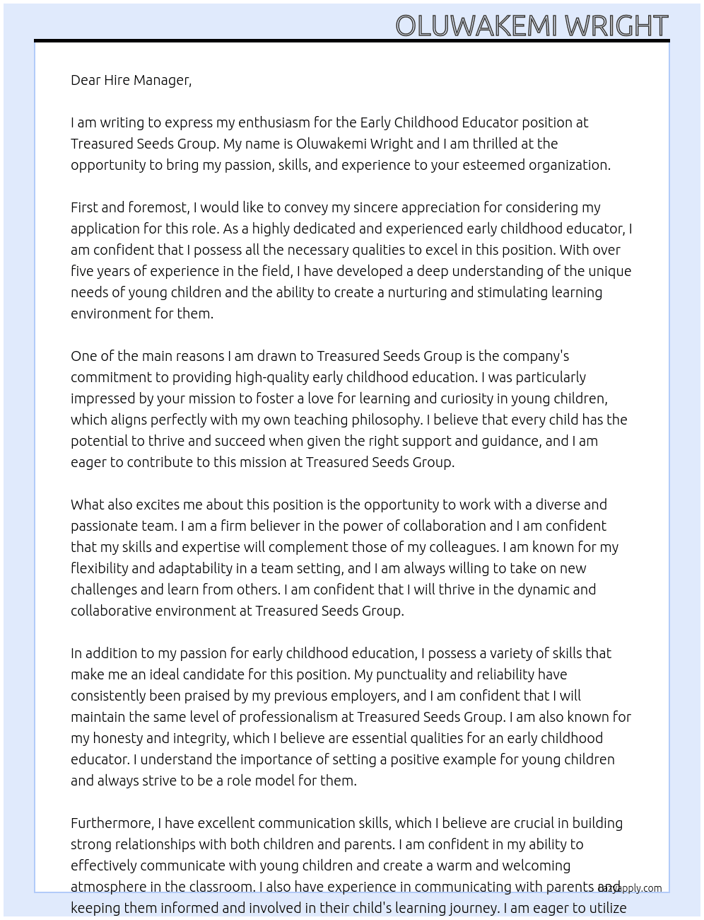 early childhood educator At Treasured Seeds Group Cover Letter