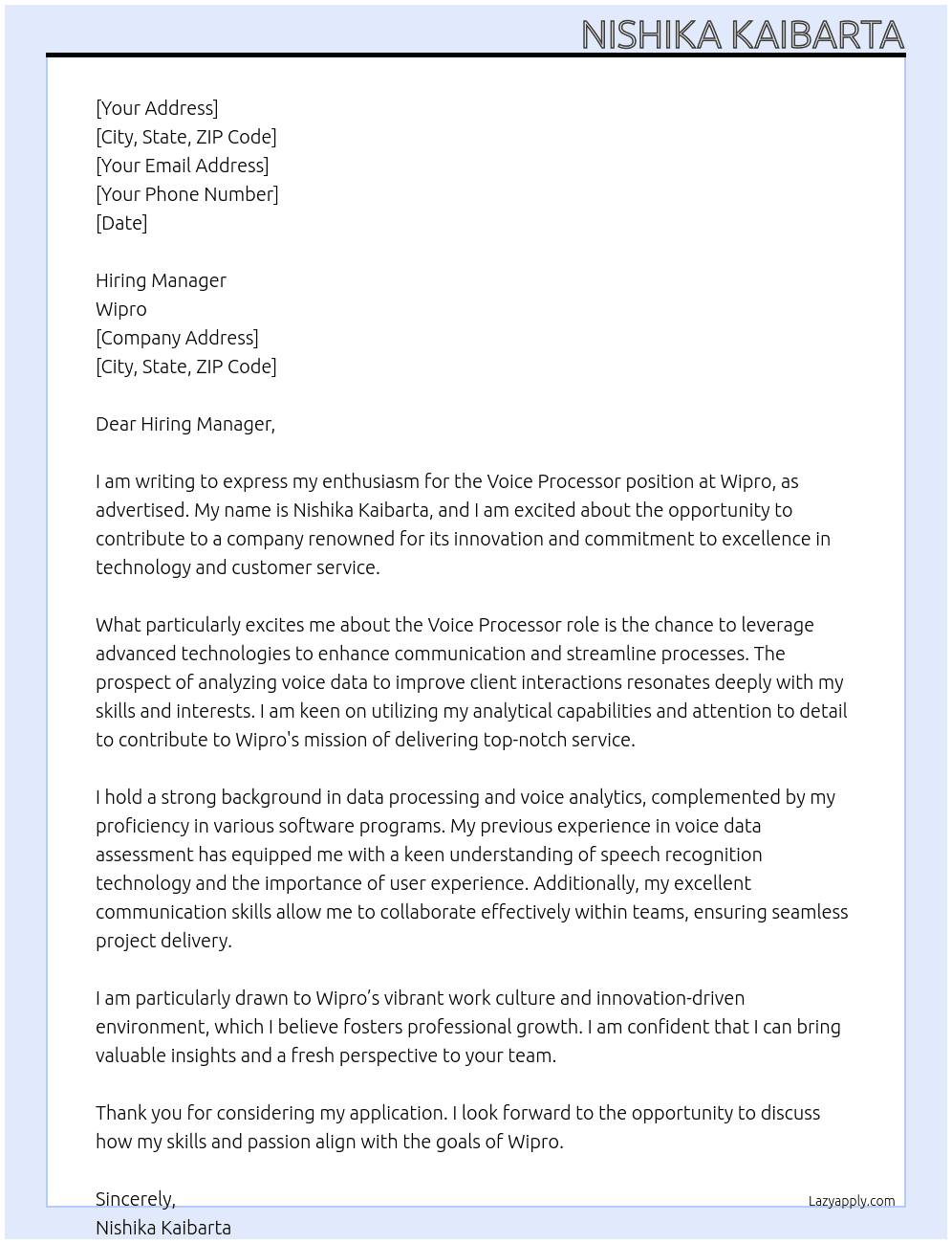 Cover letter for voice processor - LazyApply