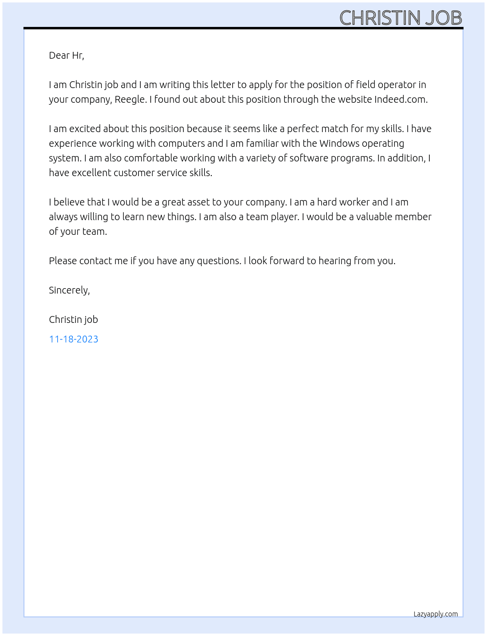 FIELD OPERATOR  At Reegle  Cover Letter