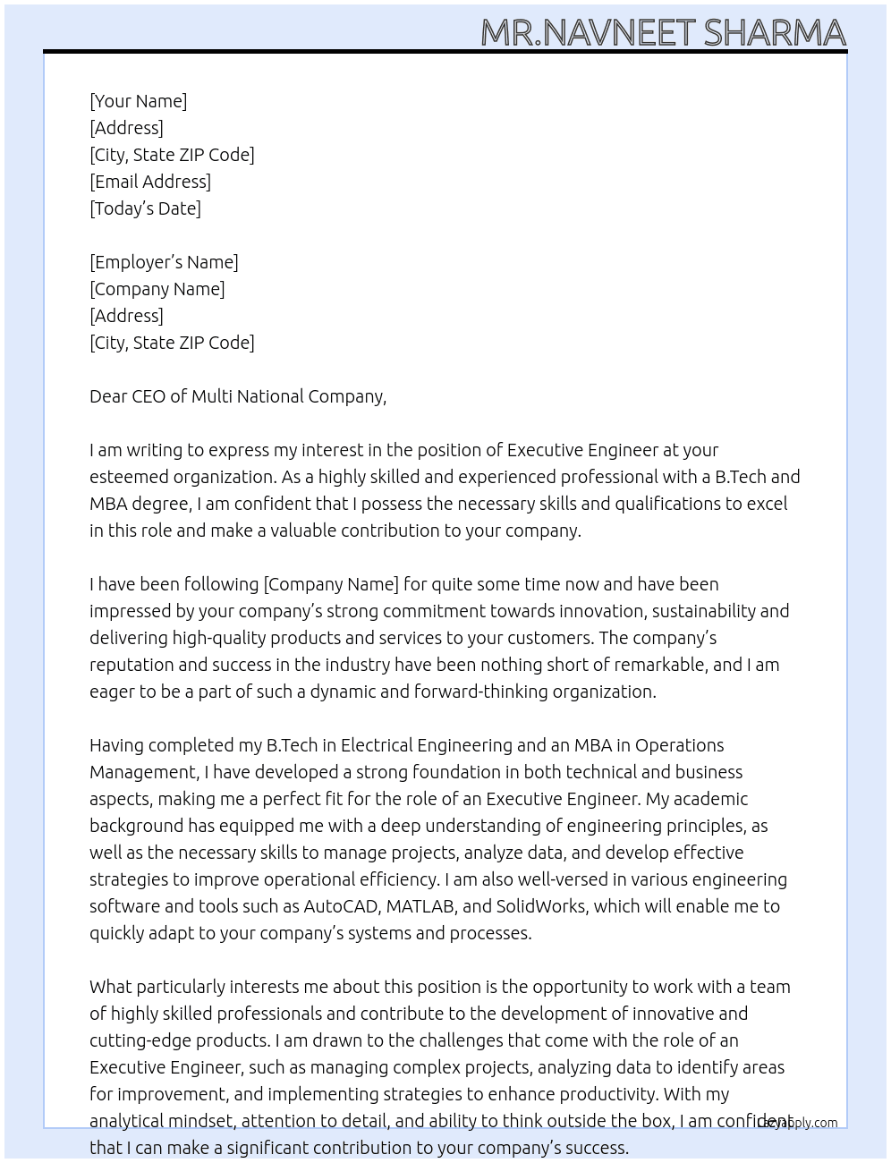 Executive Engineer  At Multi national company  Cover Letter