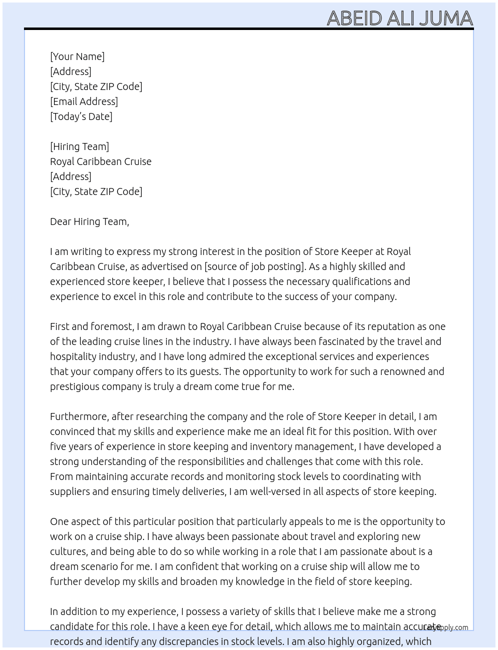 store keeper At Royal Caribbean Cruise Cover Letter