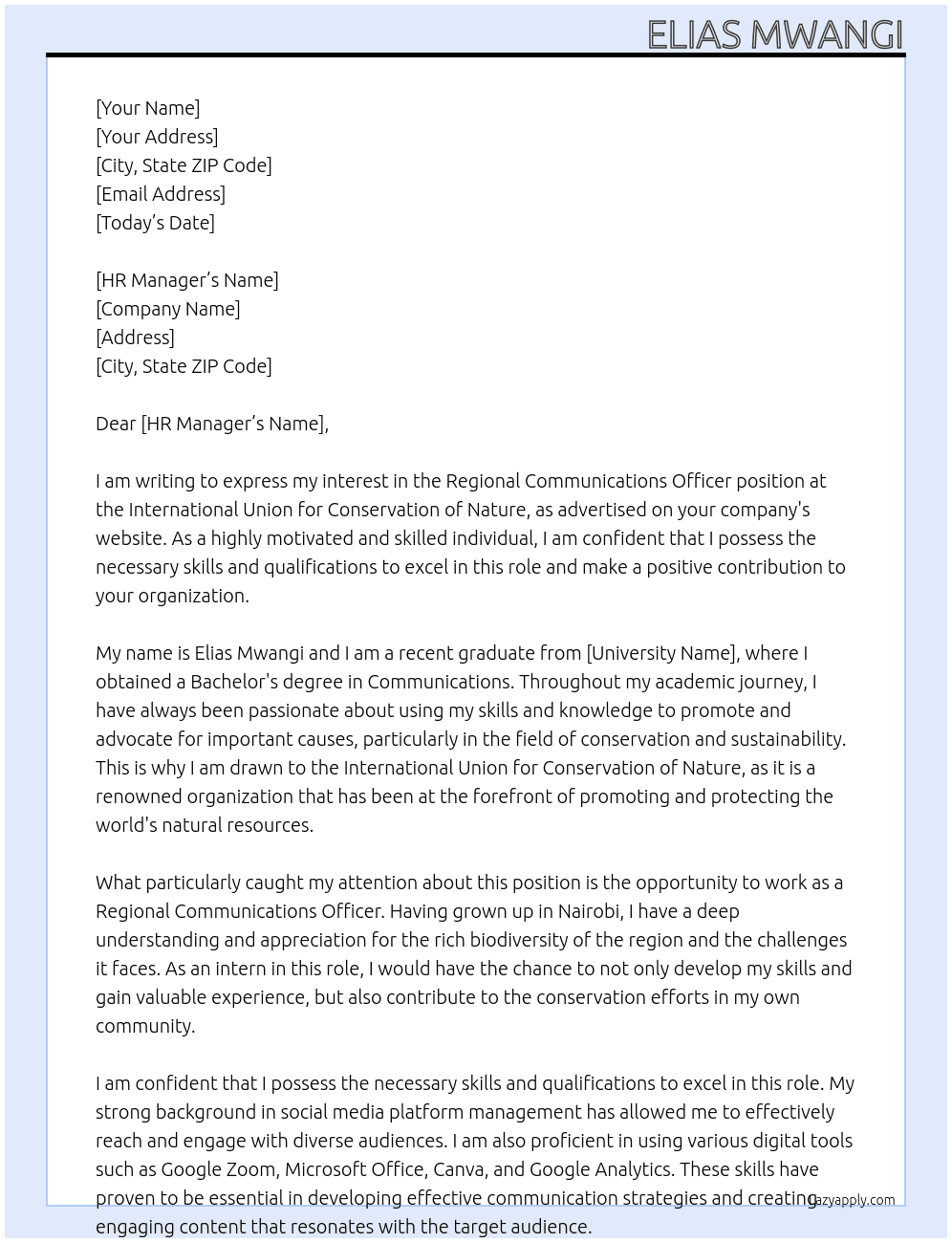 Regional Communications Officer At International Union for Conservation of Nature Cover Letter