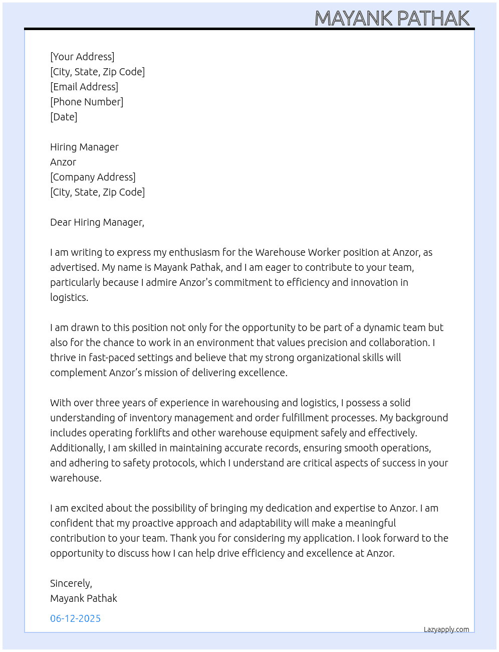 Warehouse workers  At Anzor Cover Letter