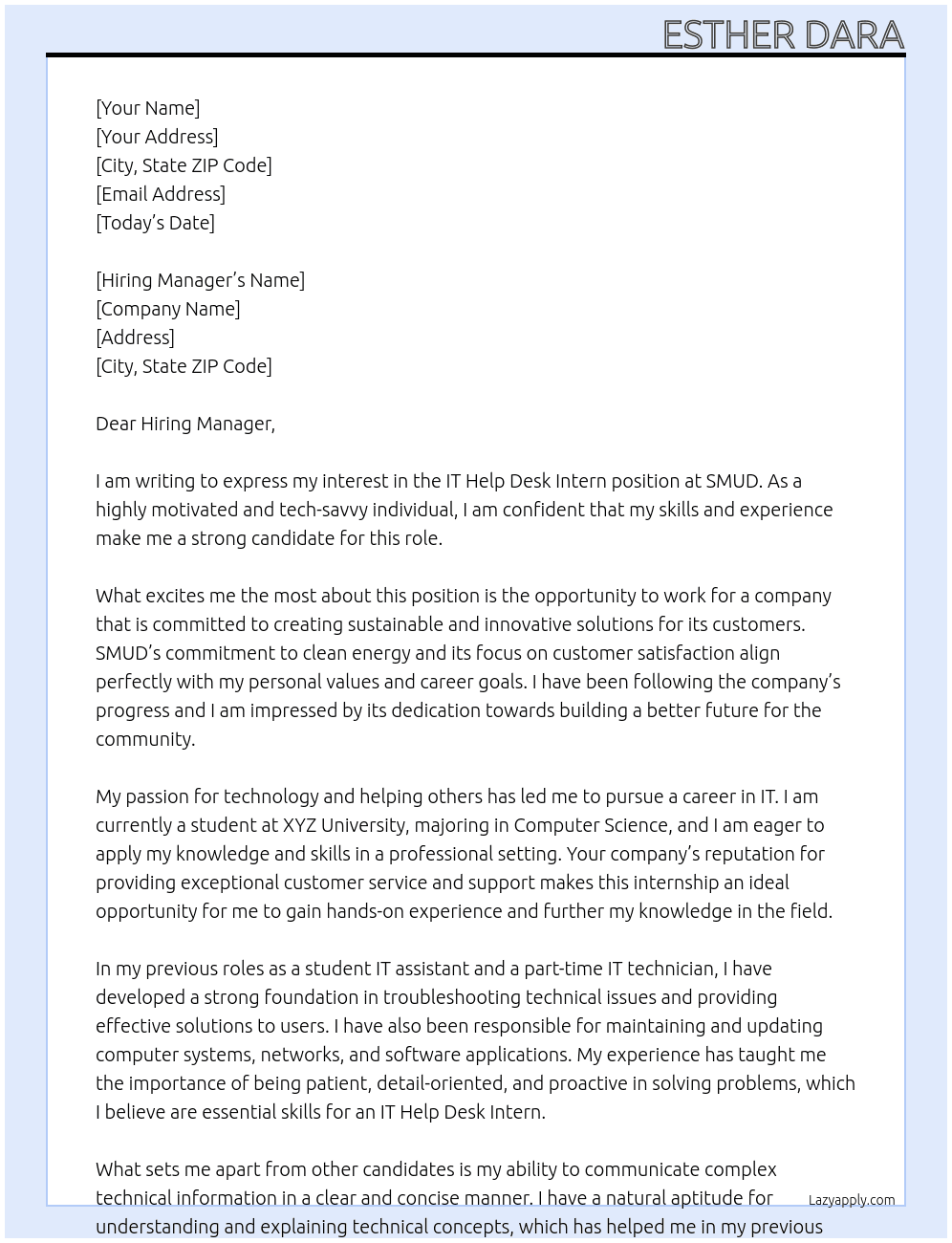 IT Help Desk Intern At SMUD Cover Letter